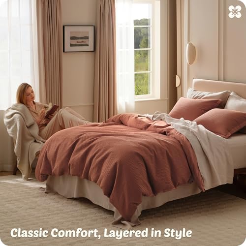 Bedsure PureWoven 3 Pieces 100% Cotton Waffle Weave Duvet Cover Set, King