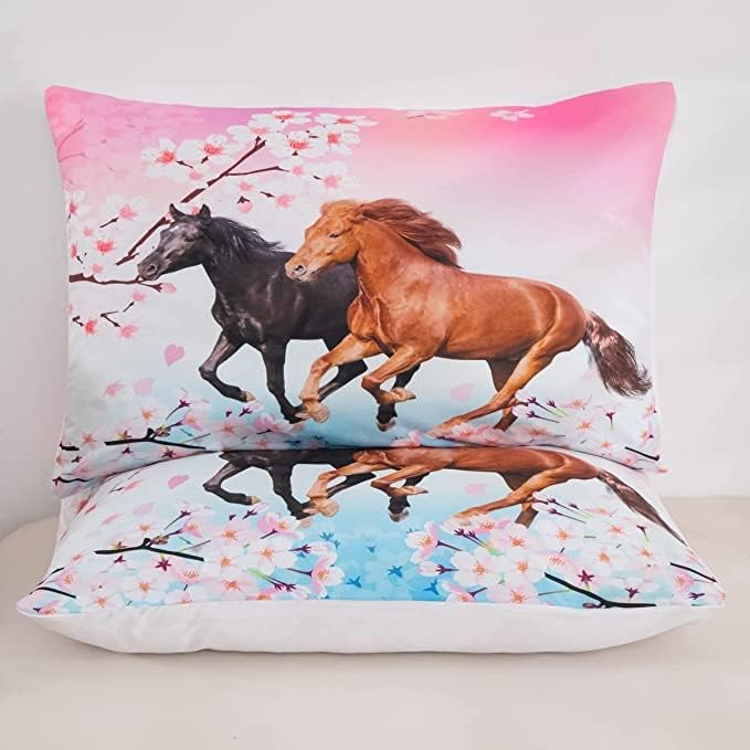 Feelyou Girls Horse Comforter Set King Size Chic Pink Cherry Blossom Bedding Set for Horse Lover Gift Farmhouse Comforter 3D Wild Animal Quilted Bedroom Decor 3Pcs