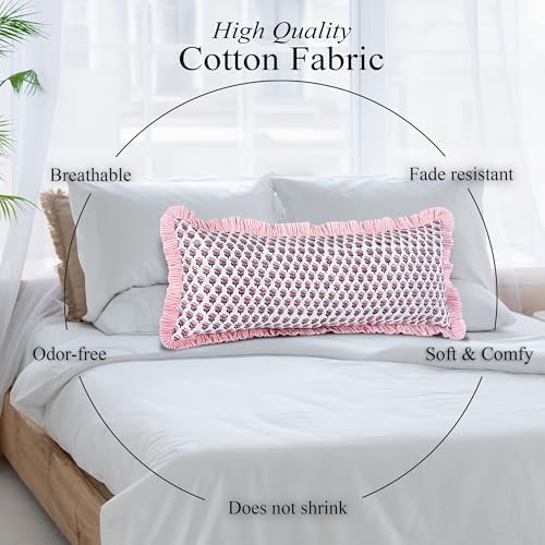 CPC Block Print Pink Sapphire Ruffle Cotton Lumbar Pillow Cover 14x36 inch