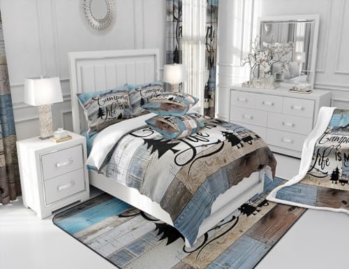 Manfei Camping Comforter Set Queen Size, RV Trailers Camper Bedding Set for Kids Boys Girls Room Decor, Grey Blue Wooden Adventure Theme Down Comforter, Rustic Farmhouse Duvet Insert, 2 Pillowcases