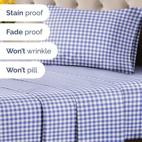 Twin 3 Piece Striped Sheet Set - Soft, Breathable & Cooling - Blue Gingham
