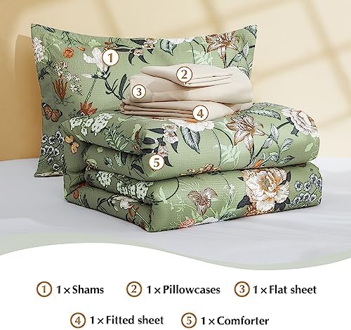 Twin XL Comforter Set- 5 Pieces Green Floral Bed in a Bag Twin Bedding Sets