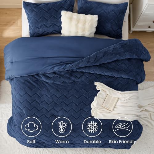 Love's cabin Fleece King Comforter Set, Fluffy Reversible Bedding, Navy