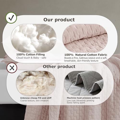 palassio Pink 100% Cotton Quilt King Size Bedding Sets with 2 Pillow Shams, Textured Lightweight Soft Bedspread Shabby Chic Coverlet, Quilted Comforter Bed Cover for All Season, 3 Pieces