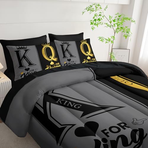 King and Queen Crown Comforter Set Black and Gray Couple Bedding Set,7Pcs Mr Mrs Comforter Set for Adults Couple Men Women,Light Bedding Set 7 Piece in A Bag,Bed Sheet Set Decor KING All Seasons