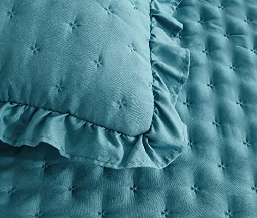 CHIXIN Ruffle Skirt Bedspread King Size - 30" Long Drop, Shabby Chic Style, Lightweight Bedding Cover, 3 Piece Set, Lagoon
