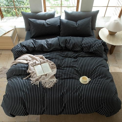Striped Duvet Cover Set Queen Size 3 Piece 100% Washed Cotton Linen Feel Bedding Comfy Breathable Modern Farmhouse (Queen, Double Stripe-Black/White)