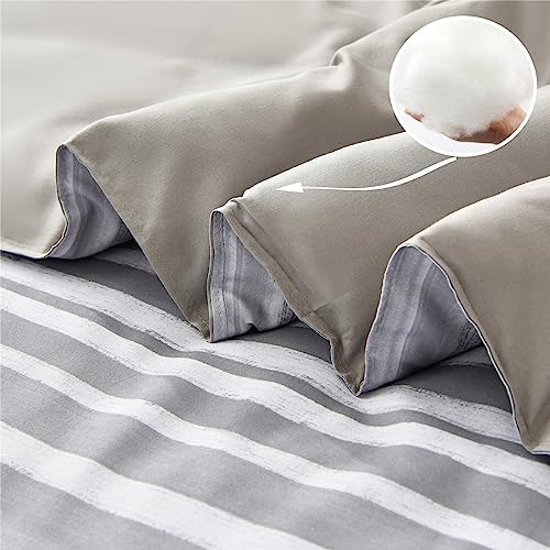 KAKIJUMN Striped Comforter Set Queen Size, 7 Piece Bed in a Bag, Light Grey