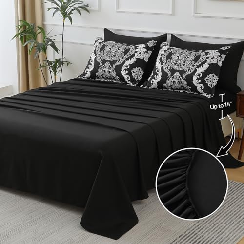 WONGS BEDDING 7 Pieces Comforter Set Queen Size, Black White Texture Bedding Set for All Season, Damask Soft and Breathable Bed in a Bag with Comforter, Flat Sheet, Fitted Sheet, Pillowcases & Shams