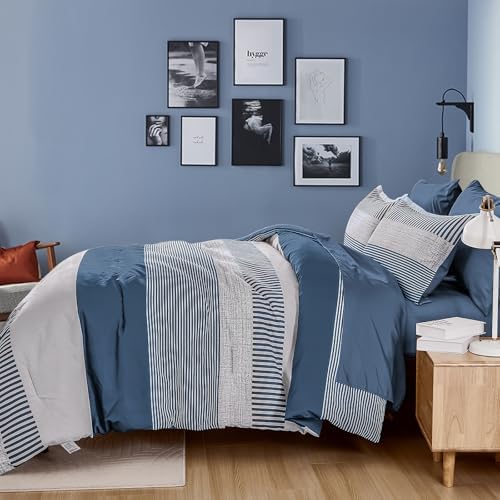 Cottolester Queen Comforter Set,Mineral Blue Striped Design Comforter Set