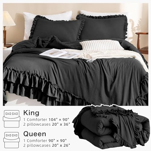 Masaca Black Ruffled Comforter King,Shabby Boho Chic Farmhouse King Bedding Comforter 3 Pieces Vintage Ultra Soft Rustic Bedding for All Season
