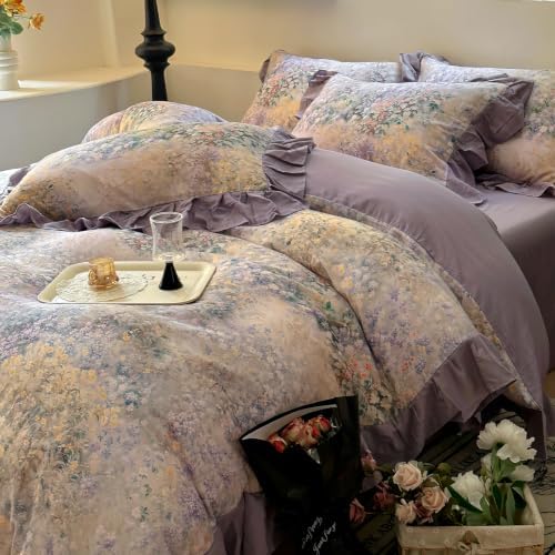 VM VOUGEMARKET Double Gauze Duvet Cover Set Twin Puprle Ruffle with Flower