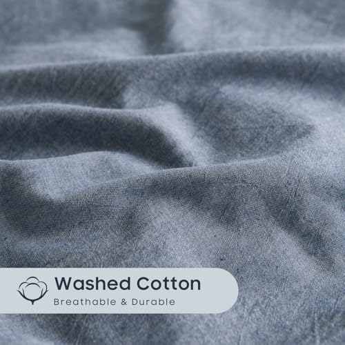 Wake In Cloud - Cotton Duvet Cover Set, 100% Washed Cotton, Linen Like Textured, Breathable Durable Comfy Farmhouse Neutral Bedding Set, 3 Pieces, Denim Blue, Queen Size