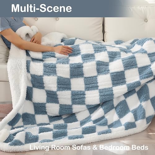 Electric Heated Blanket Full Size 72"×84" with 9 Heating Levels & 1-10Hs Auto Off, Checkered Plaid Double Sided Sherpa, Energy Efficient, Machine Washable, Couch & Bed, Gifts for Grandma- Light Blue