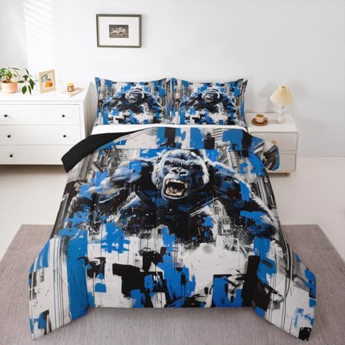 Ape Kids Comforter Set Full Size,Old World Monkey Vintage Jungle Creature Bedding Set,Girls Boys Room Decor,Graffiti Geometric Abstract Artwork Quilt Comforter,Modern Duvet Insert,2 Pillowcases