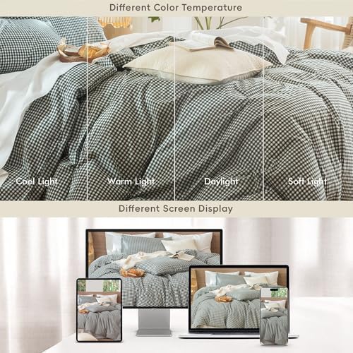 MooMee Gingham Duvet Cover Set 100% Washed Cotton Linen Like