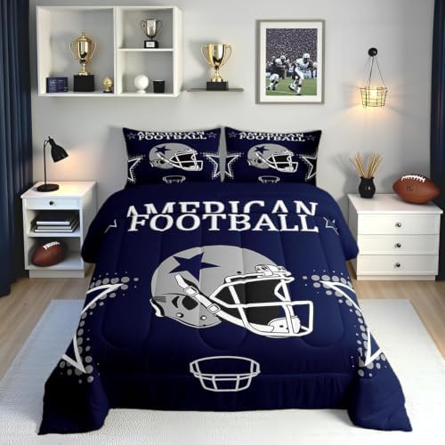 American Football Comforter Set Queen Size Rugby Helmets Bedding Set 3pcs for Kids Boys Teens Men Bedroom Decor Ball Sports Gaming Quilted Duvet Modern Grey Stars Print Duvet Insert,Navy Blue