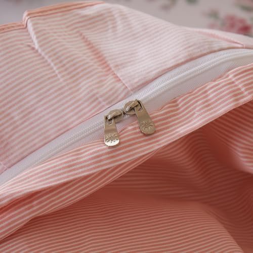 VM VOUGEMARKET Pink Ruffle Floral Duvet Cover Set Queen,Peach Pink Flower Bedding Set 100% Cotton Reversible Pink Stripes Duvet Cover with Zipper & Ties,90"x90"