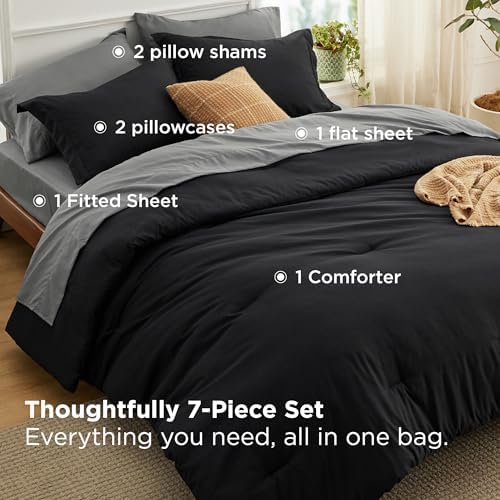 Bedsure King Size Comforter Set - 7 Pieces Black King Bedding Set for All Seasons, Boho Contrasting Design Bed in a Bag with Comforter, Sheets, Pillowcases & Shams