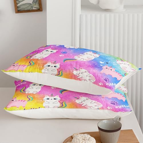 Axolotl Cat Bedding Comforter Set King,Cartoon Cat Bedding,Rainbow Gradient Printed Kids Bedding Set for Girls Adults Teens,Cute Kids Comforter All Season,1 Quilt 2 Pillow Cases,Colorful Pink Blue