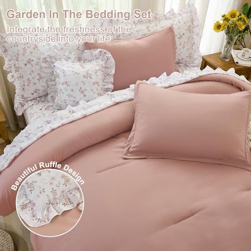 WONGS BEDDING 8PC Queen Comforter Set, Ruffle Comforter with Floral Sheets