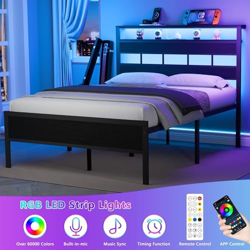 Furnulem Full Size Bed Frame, Storage Headboard, LED & Charger, Black Oak