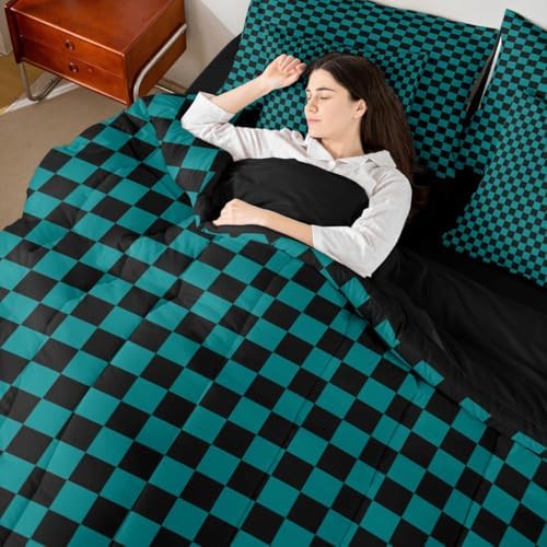 jejeloiu Teal Checkerboard Comforter Set with Sheets 7 Piece King Size