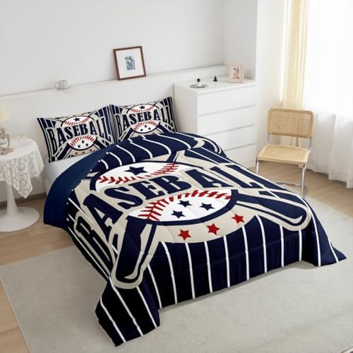 Castle Fairy Baseball Comforter Set King Size Kids Bedding 3Pcs for Boys Girls Men Adult Bedroom Decor Blue Black White Stripes Quilt Modern Fashion Duvet Insert,2 Pillowcases (ZZRS3575ZMD-BZ_USk)
