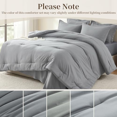 California King Size Comforter Set 7 Pieces - Soft Bed in a Bag King Bed Set, Cozy Luxury Bedding Sets with All Season Comforter, Flat Sheet, Fitted Sheet, 2 Pillowcases & 2 Shams, Light Gray