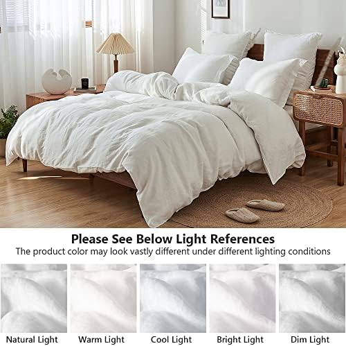 Simple&Opulence 100% Washed Linen Duvet Cover Set 5pcs(1 Duvet Cover& 2 Shams& 2 Pillowcases) Basic Style Natural French Flax Soft Breathable Farmhouse Bedding (Queen, White)