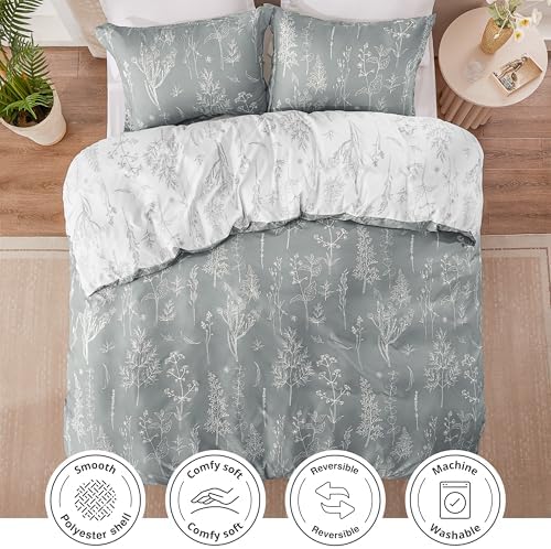 Love's cabin Grey King Comforter Set - King Size Comforter Set, 3 Pieces Cute Floral Bedding Sets for All Seasons,1 Soft Reversible Botanical Flowers Comforter and 2 Pillow Shams