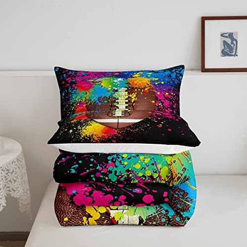 American Football Comforter Set Queen Size,Modern Game Extreme Sport Bedding Set 3pcs for Teens Boys Adults Room,Watercolor Graffiti Duvet Insert Tie Dye Quilted Duvet Set with 2 Pillowcases,Black
