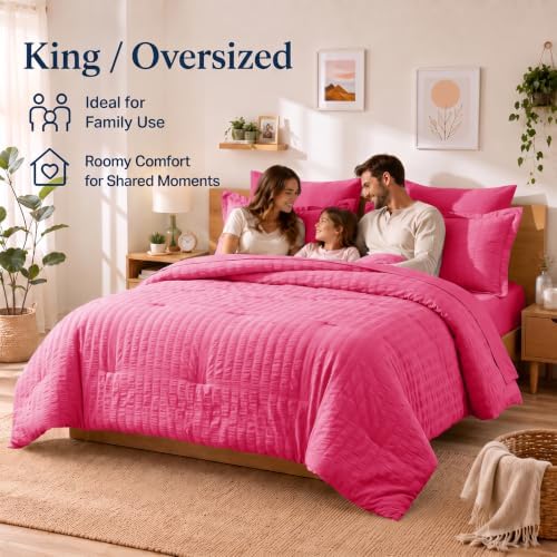 CozyLux King Size Comforter Set, 7 Pieces Hot Pink Seersucker Bed in a Bag