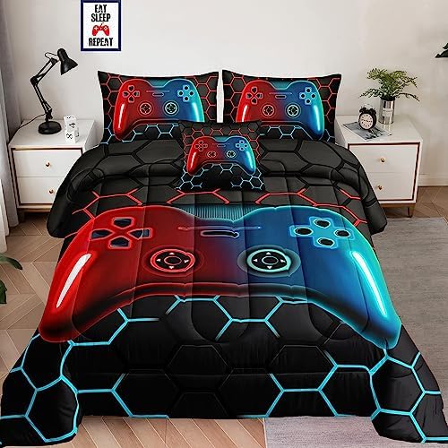 6 Pieces Bed in a Bag for Boys Bedding Sets Full Size,Gamer Comforter Sets for Boys Kids, Gaming Comforter Set for Teens Room Decor with Flat Sheet,Fitted Sheet,Pillowcase,Cushion Cover