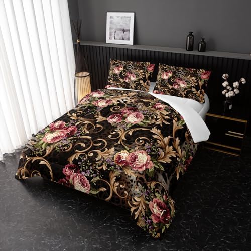 Nttopship Black Boho Floral Comforter Set King Size Flower Bedding Sets 3PCS for Kids Teen Adult Retro Flowers Room Decor Ultra-Soft Lightweight Microfiber 1 Comforter with 2 Pillowcases