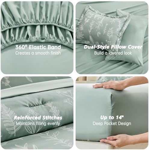 MUXHOMO Twin Comforter Set, Sage Green Elegant Floral Print Bed in a Bag 5 Pieces, Ultra Soft & Breathable Reversible Botanical Pattern Bedding Set with Comforter, Sheets, Pillowcases, and Shams