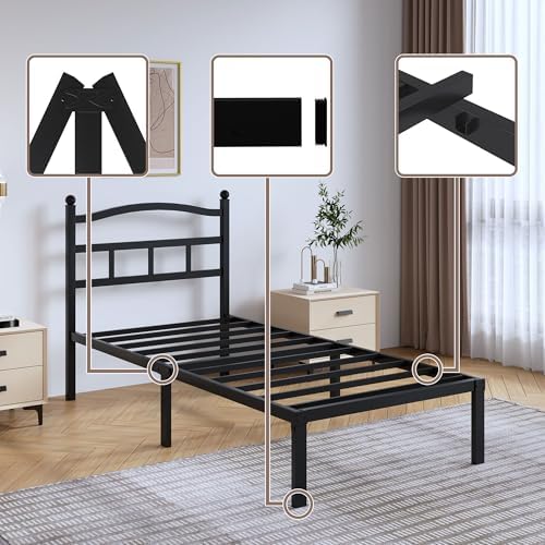 SHOANED 14 Inch Metal Bed Frame - Twin Size Heavy Duty Bedframe with Headboard Black Basic Steel Slats Platform No Box Spring Needed/Easy Assembly/Noise Free
