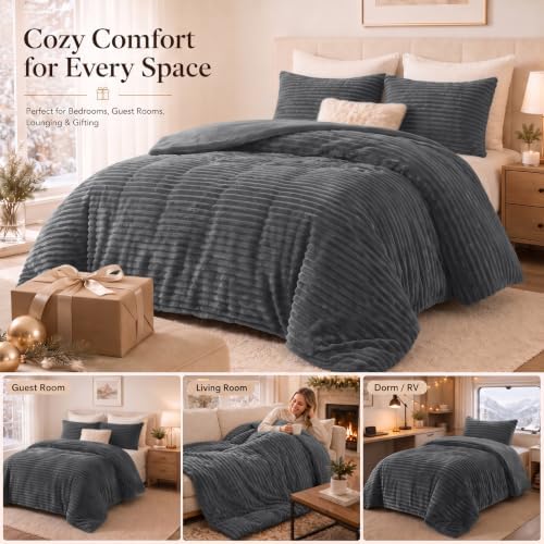CozyLux Fleece Queen Comforter Set, 3 Piece Winter Warm Dark Grey Bedding