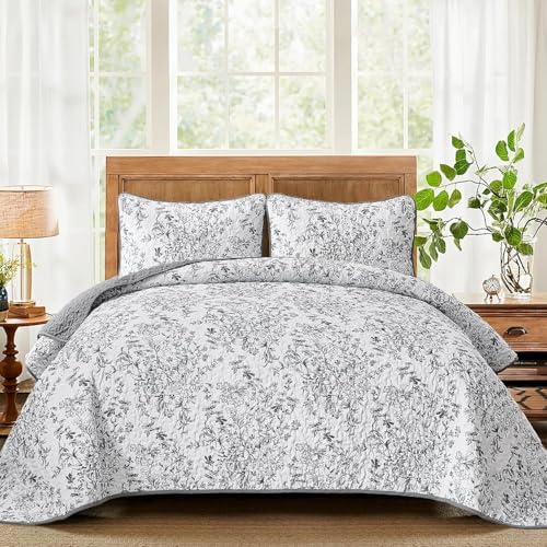 WONGS BEDDING Full Quilt Bedding Set, Grey Botanical Lightweight Bedspread