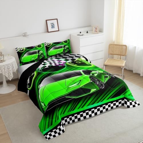 Feelyou Green Racing Car Bedding Set for Kids Boys Girls Toddler Size Extreme Sports Comforter Set Teen Adult Ultra Soft Speed Sports Car Comforter Cool Car Duvet Quilt Bedroom Decor Race Car Quilt