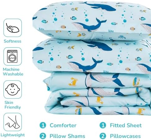 Viviland Kids Bedding Set Twin Size Comforter Sets, Bed in Marine Whale Cover Set for Children