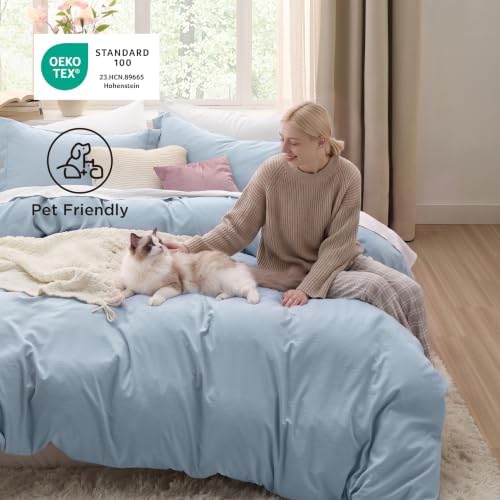 Bedsure Prewashed Duvet Cover Full, Cotton-Like Bedding Set, Light Blue