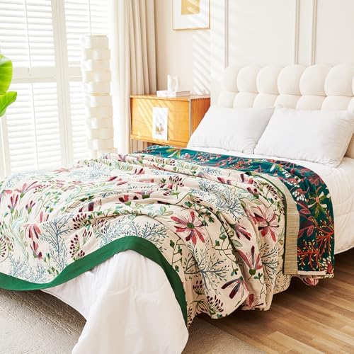 VANJOROY Boho Throw Blanket, 100% Organic Cotton Breathable Ultra Soft 91" x 98" Bed Quilt Throw - All Season Floral Rustic Farmhouse Decor Luxury Reversible Blanket for Sofa Couch Chair and Gift
