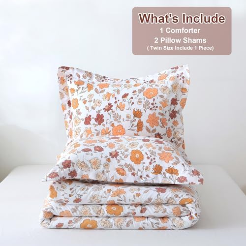 Mooreeke Floral Full Size Comforter Sets, Orange and Red Vintage Floral Patterned Bedding for All Seasons, 3-Piece Vintage Bed in a Bag with Fluffy Quilted Reversible Comforter & 2 Pillow Shams