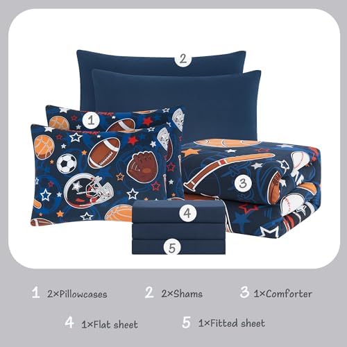 Boys Full Size Bedding Set - 7 Pieces Sports Bedding Full Comforter Sets