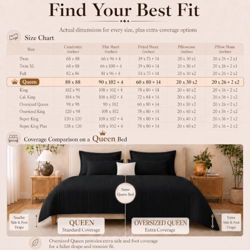 CozyLux Queen Comforter Set Black - 7 Pieces Vertical Quilted Bed in a Bag