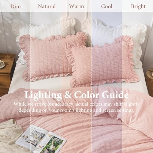 JOLLYVOGUE Rose Gold Queen Comforter Set, 3 Pieces Seersucker Comforters Queen Size, Lightweight & Fluffy Bedding Sets for All Season with 1 Ruffle Comforter and 2 Ruffle Pillowshams