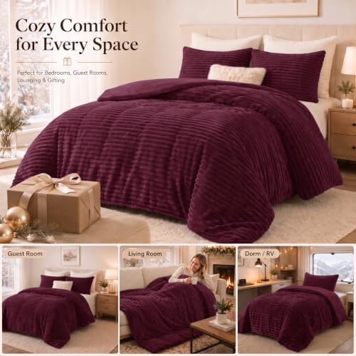 CozyLux Fleece Full Size Comforter Sets, 3 Piece Warm Burgundy Bedding