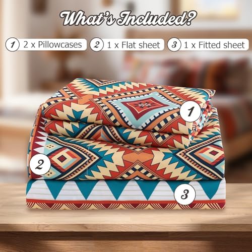 CozySmile 4 Pieces Queen Sheet Set Bohemian, Boho Sheets Soft Microfiber Deep Pocket, Western Sheets Geometric(Queen, Rust Turquoise Diamond)
