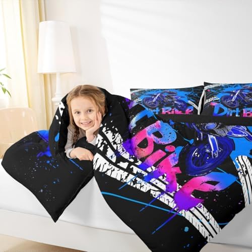 Feelyou Racing Motocross Rider Kids Bedding Set,Boys Girls Toddler Size,Extreme Sports Comforter Set,Dirt Bike Ultra Soft Duvet Quilt,Tire Print Comforter Motorcycle Bedroom Decor